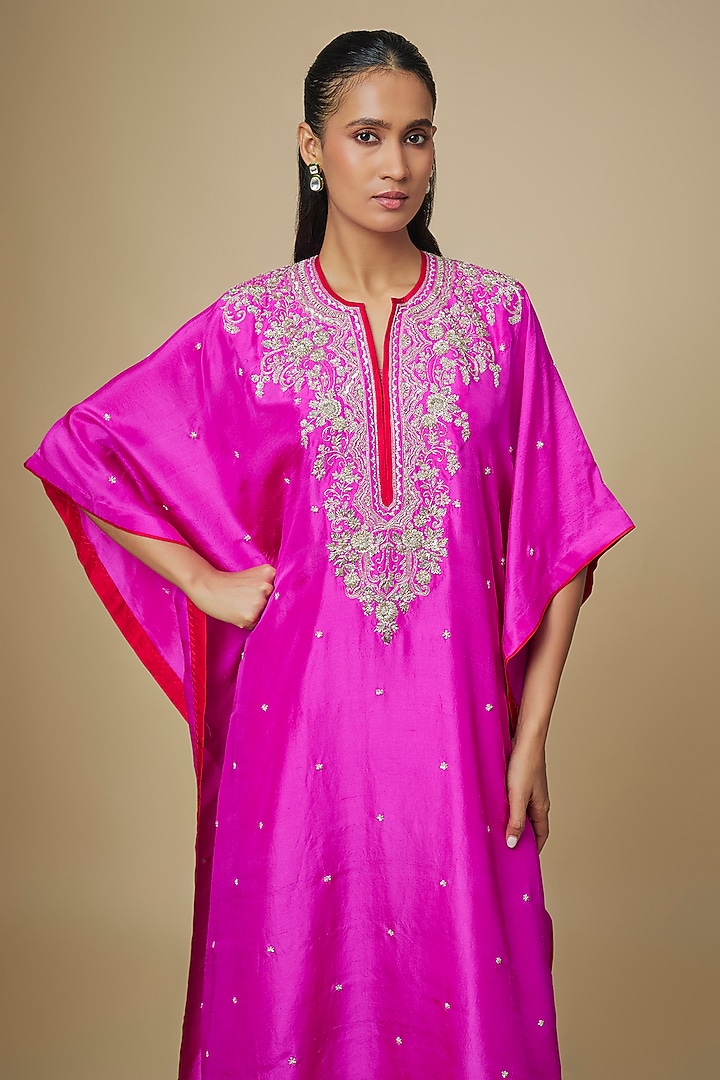 Hot Pink Dupion Silk Hand Embroidered Kaftan Set by Anushree Reddy at Pernia's Pop Up Shop