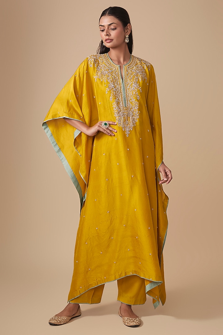 Mustard Dupion Silk Hand Embroidered Kaftan Set by Anushree Reddy at Pernia's Pop Up Shop