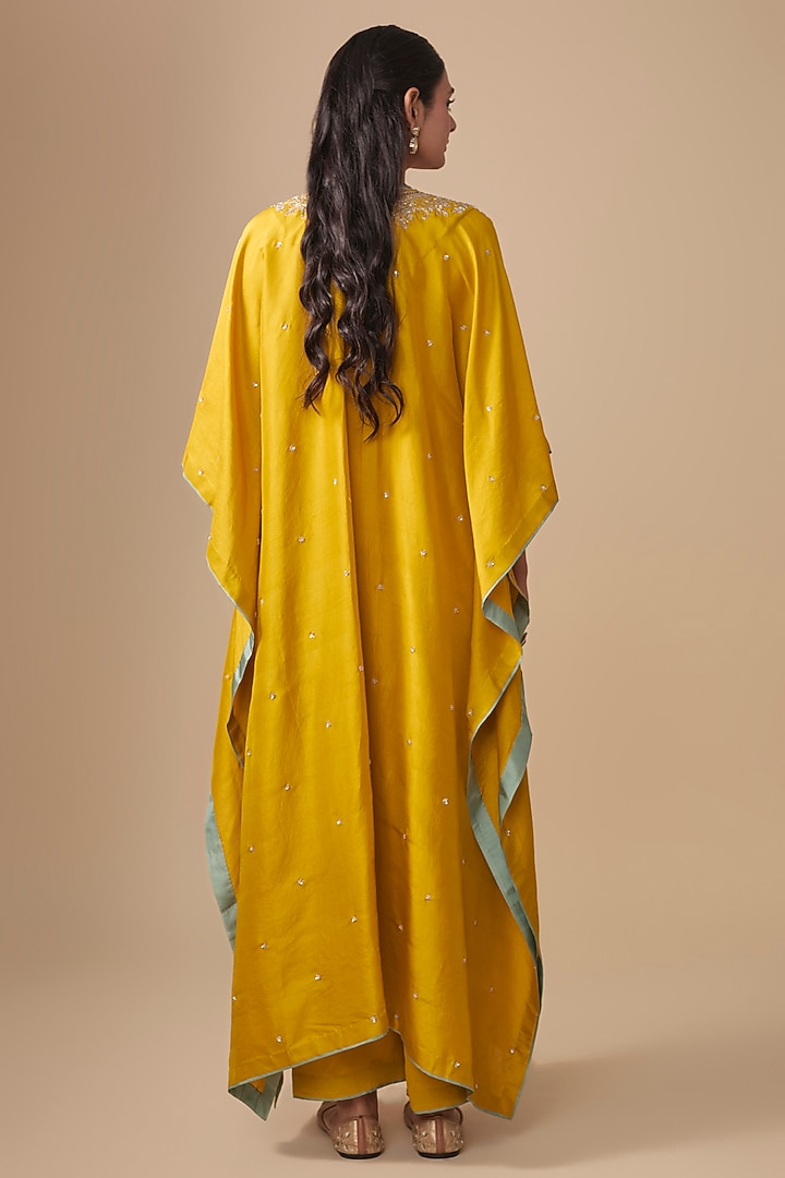 Mustard Dupion Silk Hand Embroidered Kaftan Set by Anushree Reddy at Pernia's Pop Up Shop
