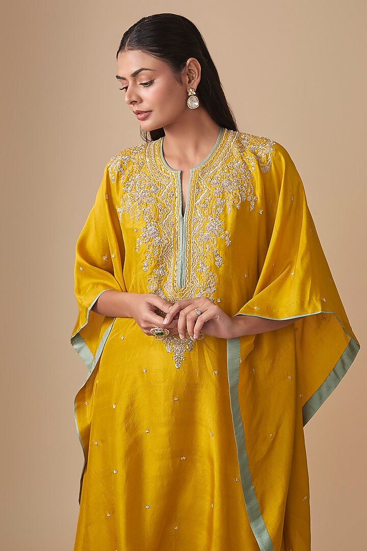 Mustard Dupion Silk Hand Embroidered Kaftan Set by Anushree Reddy at Pernia's Pop Up Shop