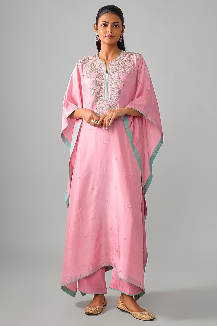 Pink Dupion Silk Hand Embroidered Kaftan Set by Anushree Reddy at Pernia's Pop Up Shop