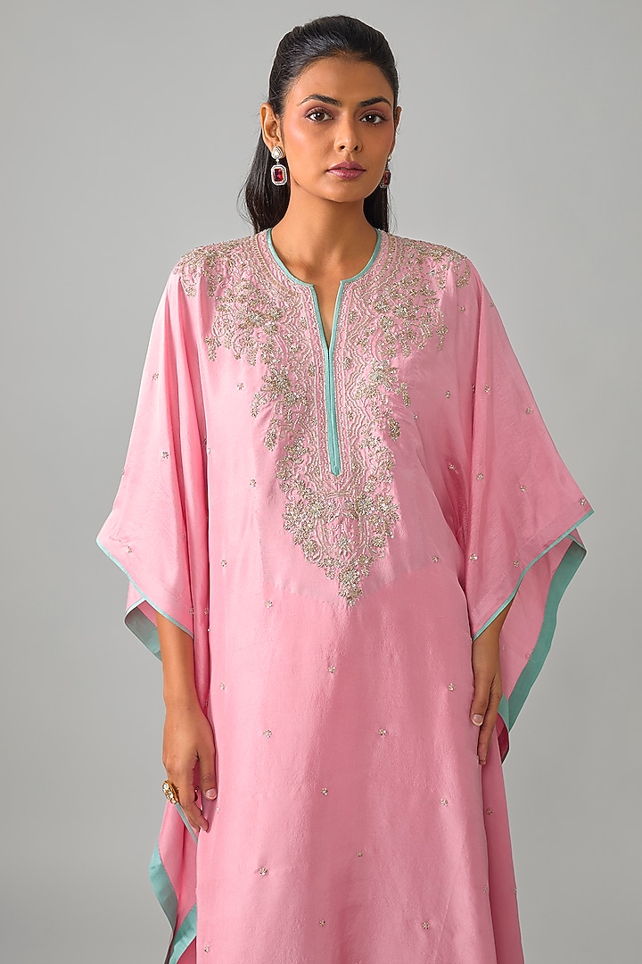 Pink Dupion Silk Hand Embroidered Kaftan Set by Anushree Reddy at Pernia's Pop Up Shop