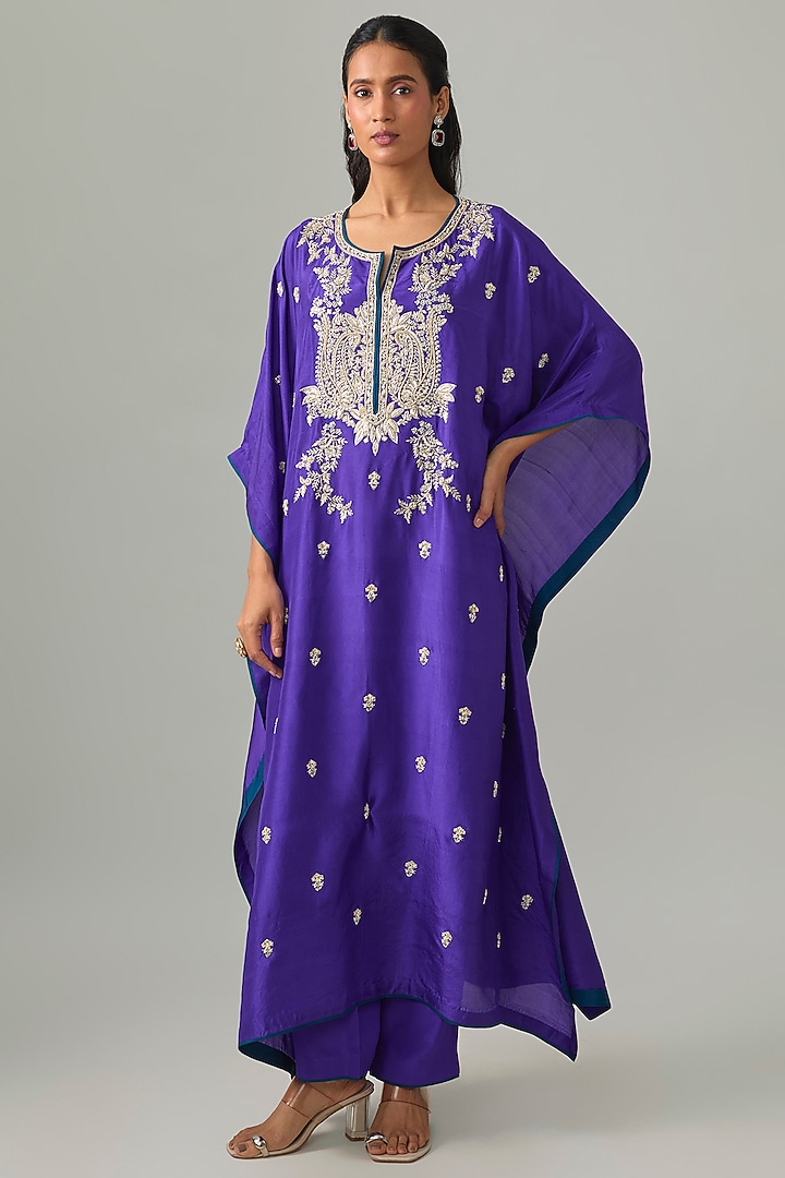 Purple Dupion Silk Hand Embroidered Kaftan Set by Anushree Reddy at Pernia's Pop Up Shop