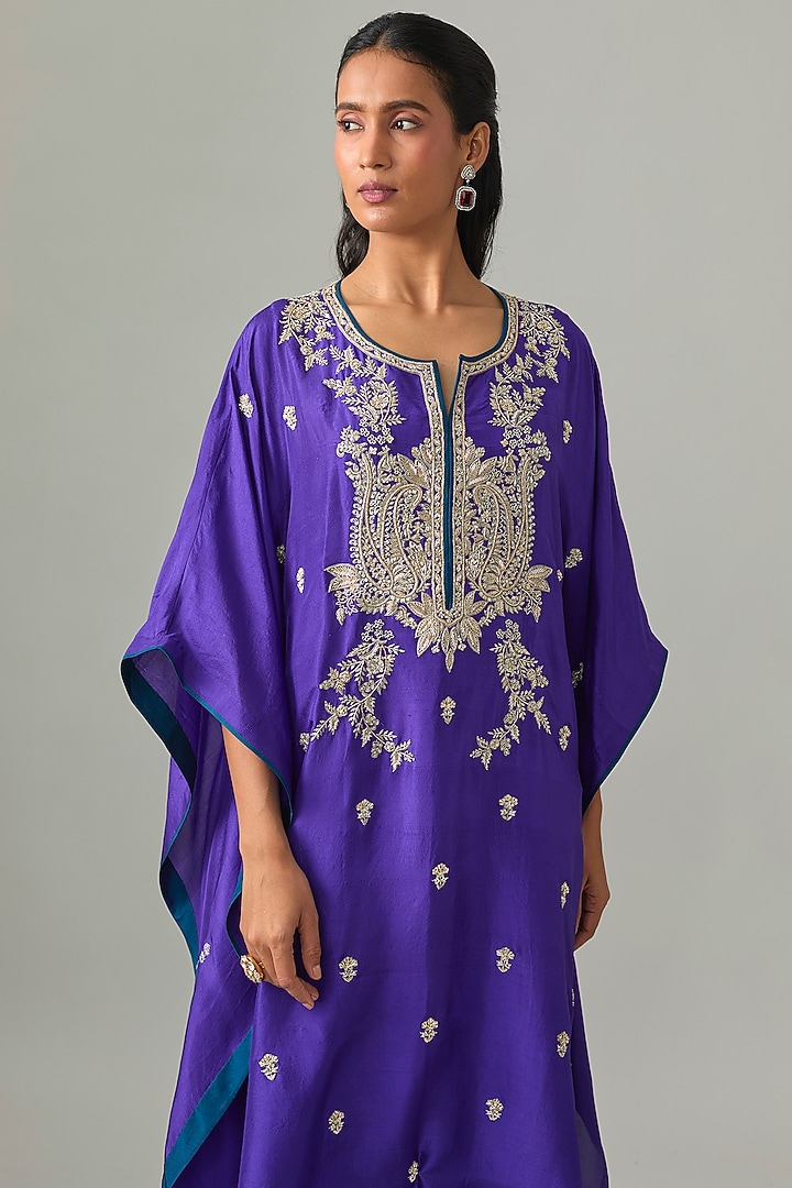 Purple Dupion Silk Hand Embroidered Kaftan Set by Anushree Reddy at Pernia's Pop Up Shop