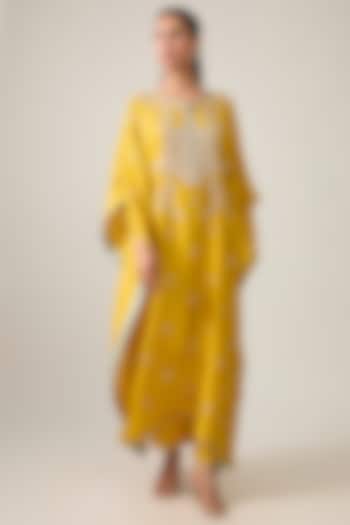 Mustard Dupion Silk Hand Embroidered Kaftan Set by Anushree Reddy at Pernia's Pop Up Shop