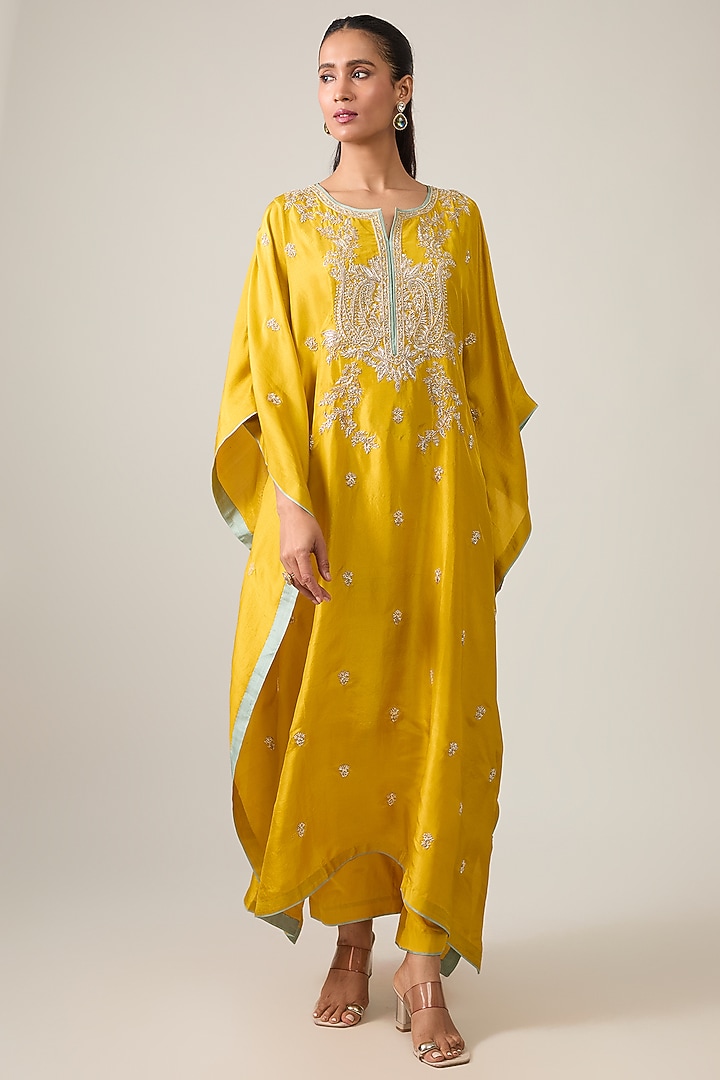 Mustard Dupion Silk Hand Embroidered Kaftan Set by Anushree Reddy at Pernia's Pop Up Shop