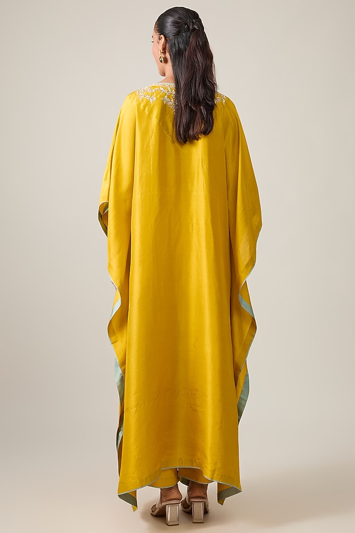 Mustard Dupion Silk Hand Embroidered Kaftan Set by Anushree Reddy at Pernia's Pop Up Shop