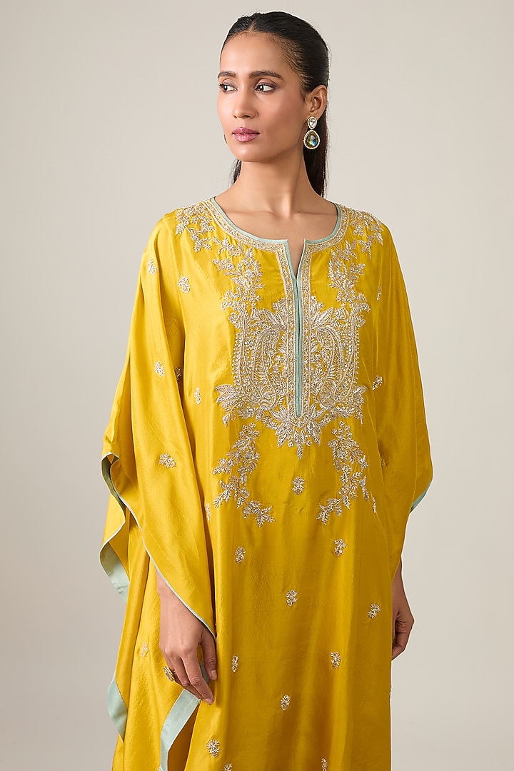Mustard Dupion Silk Hand Embroidered Kaftan Set by Anushree Reddy at Pernia's Pop Up Shop