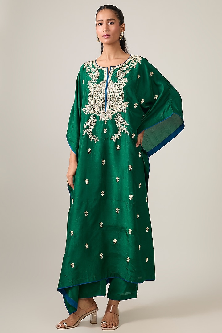 Emerald Green Dupion Silk Hand Embroidered Kaftan Set by Anushree Reddy at Pernia's Pop Up Shop