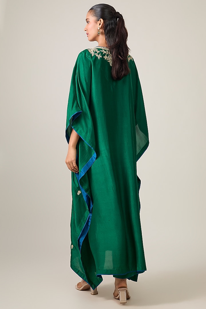 Emerald Green Dupion Silk Hand Embroidered Kaftan Set by Anushree Reddy at Pernia's Pop Up Shop