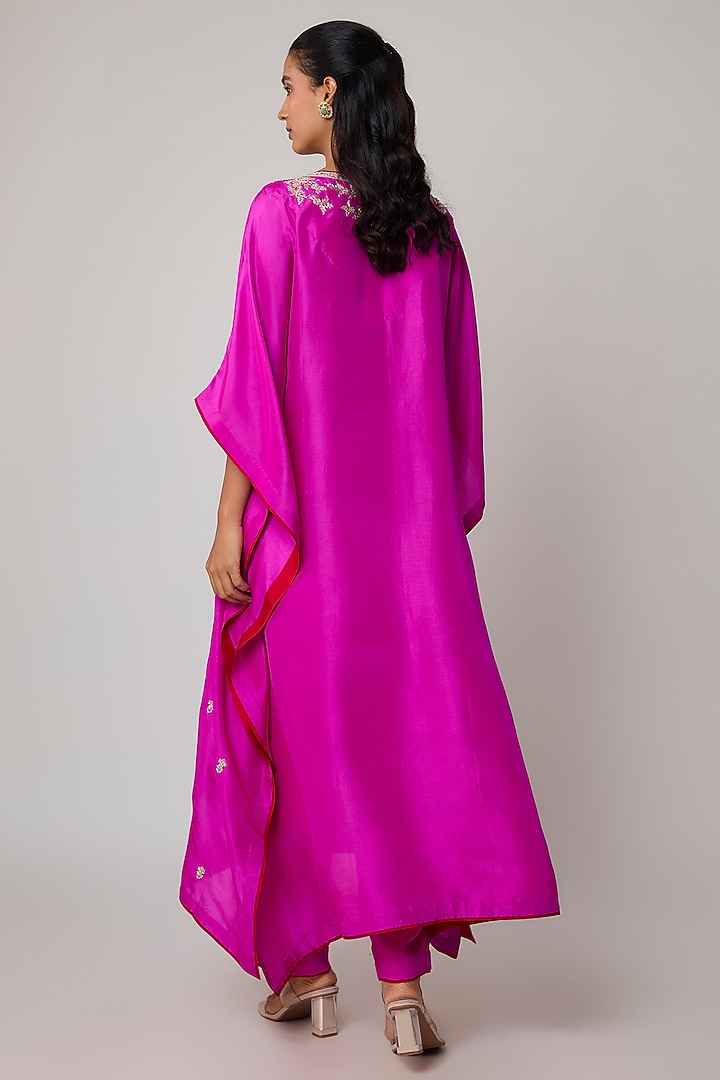 Hot Pink Dupion Silk Hand Embroidered Kaftan Set by Anushree Reddy at Pernia's Pop Up Shop