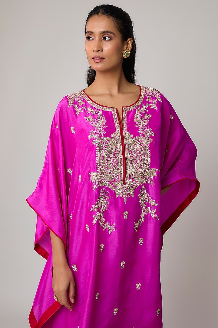 Hot Pink Dupion Silk Hand Embroidered Kaftan Set by Anushree Reddy at Pernia's Pop Up Shop