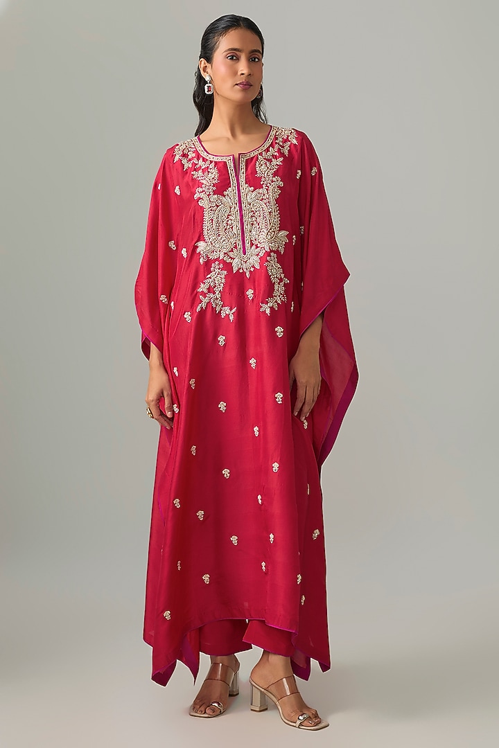 Red Dupion Silk Hand Embroidered Kaftan Set by Anushree Reddy at Pernia's Pop Up Shop