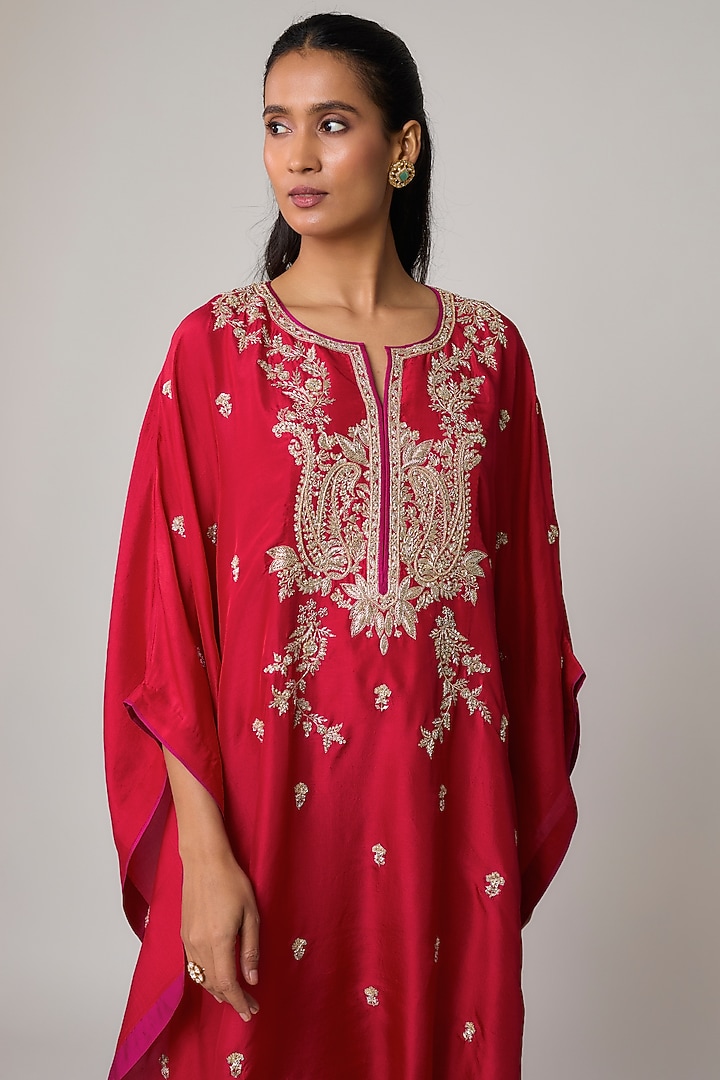 Red Dupion Silk Hand Embroidered Kaftan Set by Anushree Reddy at Pernia's Pop Up Shop