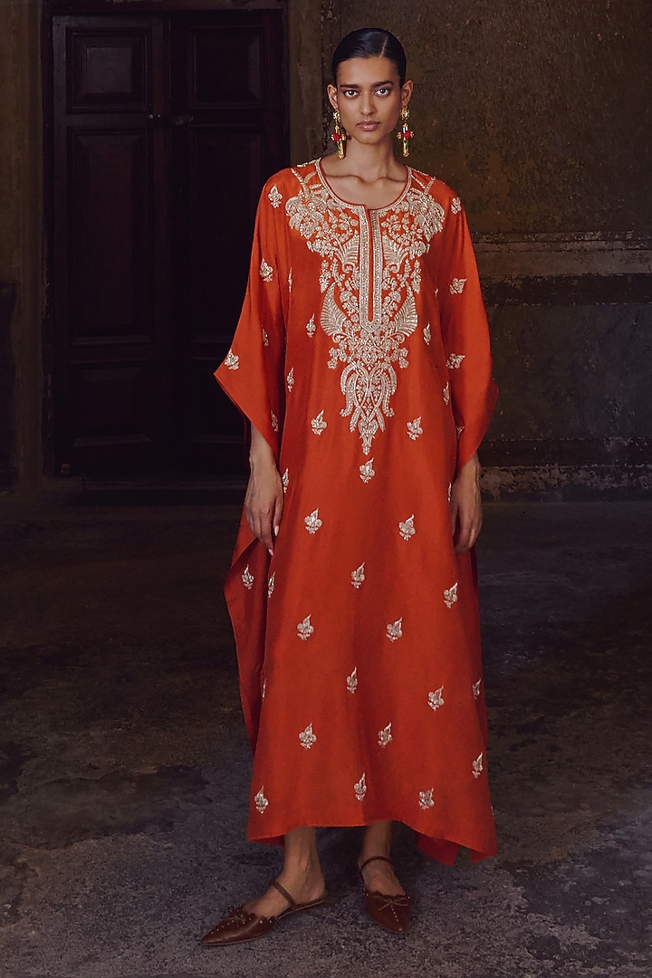 Orange Dupion Silk Embroidered Kaftan Set by Anushree Reddy at Pernia's Pop Up Shop