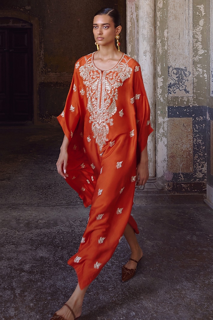 Orange Dupion Silk Embroidered Kaftan Set by Anushree Reddy at Pernia's Pop Up Shop