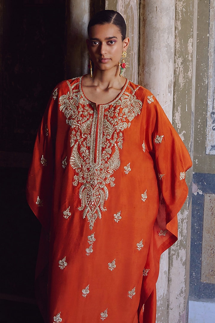 Orange Dupion Silk Embroidered Kaftan Set by Anushree Reddy at Pernia's Pop Up Shop