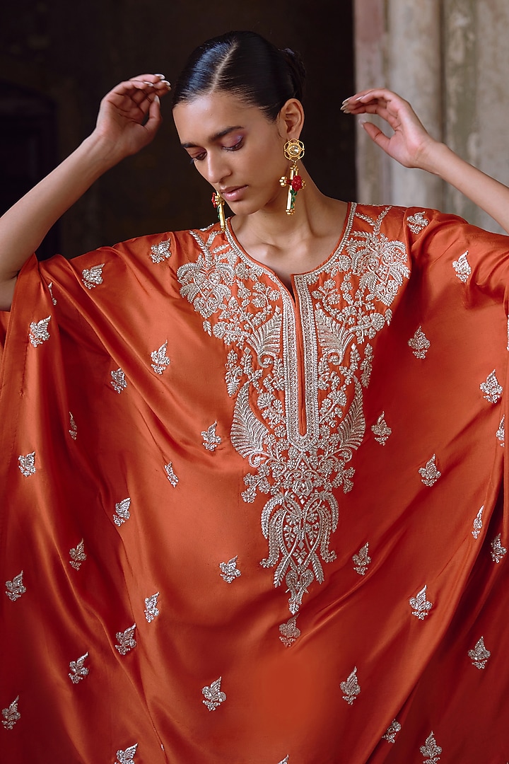 Orange Dupion Silk Embroidered Kaftan Set by Anushree Reddy at Pernia's Pop Up Shop