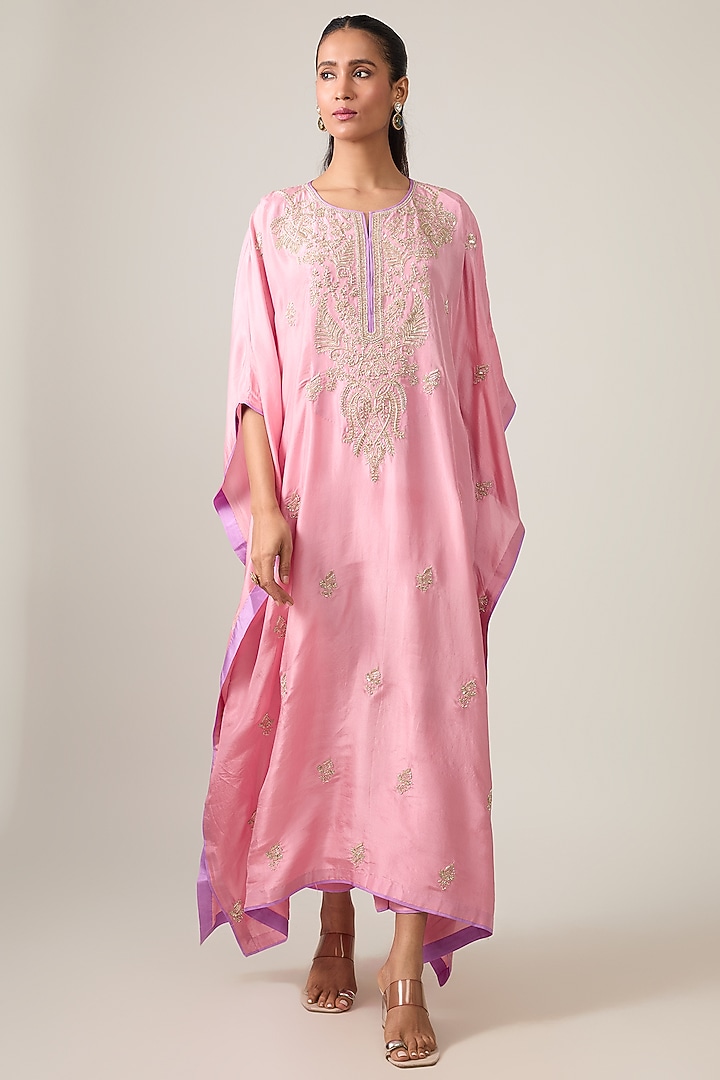 Blush Pink Dupion Silk Hand Embroidered Kaftan Set by Anushree Reddy at Pernia's Pop Up Shop