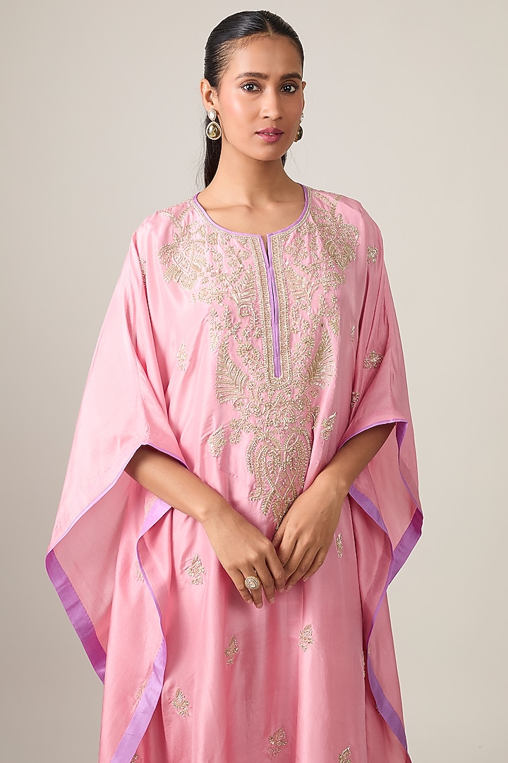 Blush Pink Dupion Silk Hand Embroidered Kaftan Set by Anushree Reddy at Pernia's Pop Up Shop