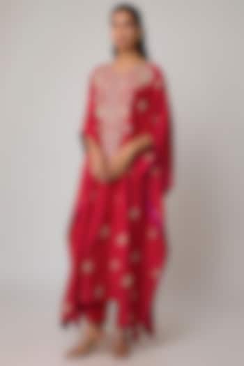 Red Dupion Silk Hand Embroidered Kaftan Set by Anushree Reddy at Pernia's Pop Up Shop