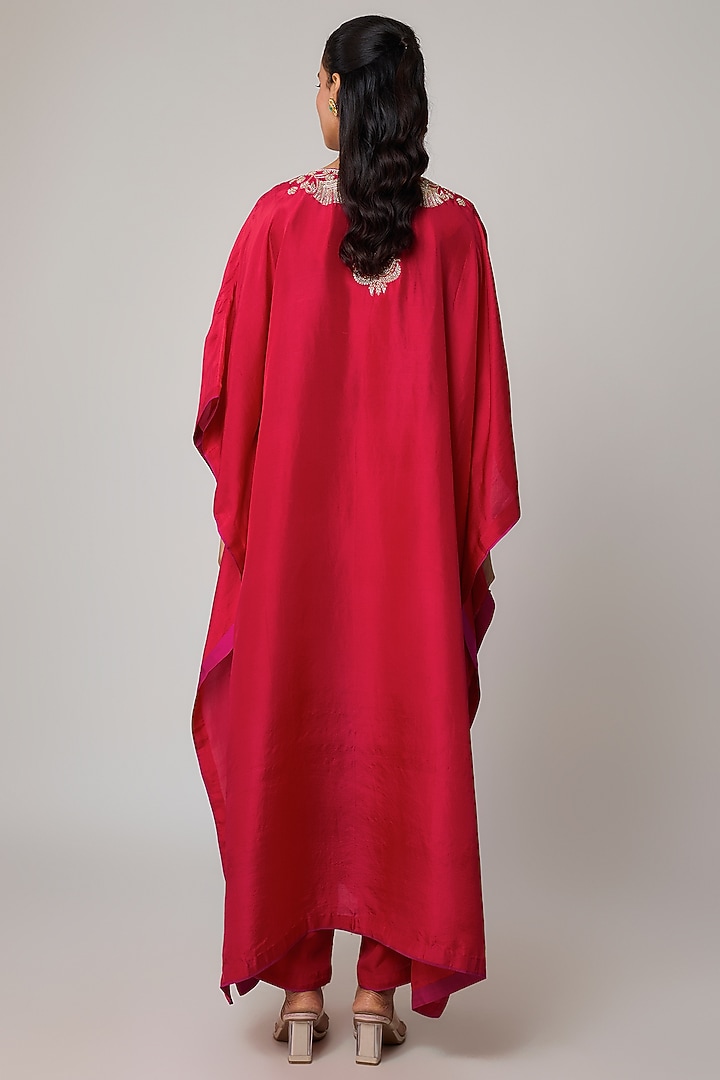 Red Dupion Silk Hand Embroidered Kaftan Set by Anushree Reddy at Pernia's Pop Up Shop