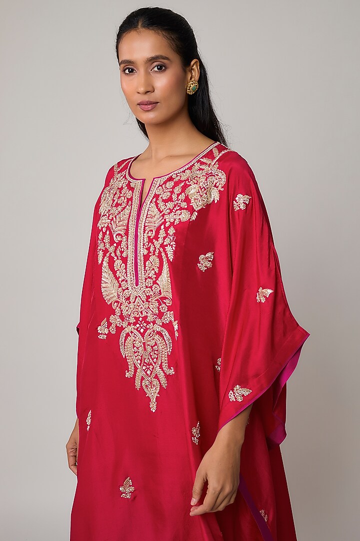 Red Dupion Silk Hand Embroidered Kaftan Set by Anushree Reddy at Pernia's Pop Up Shop
