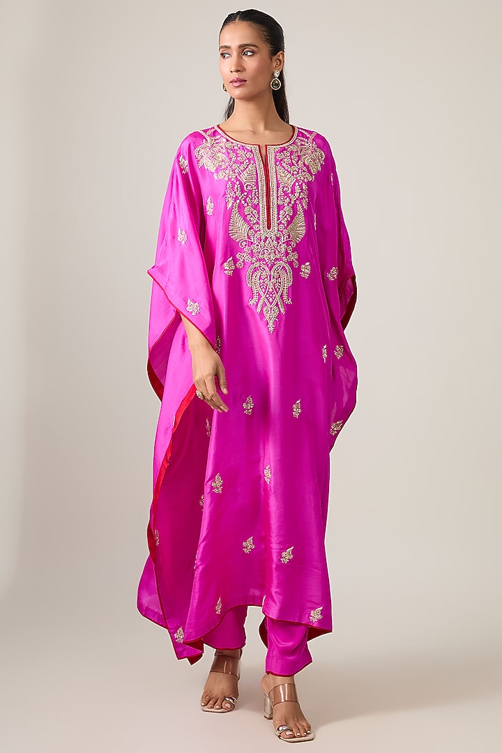 Hot Pink Dupion Silk Hand Embroidered Kaftan Set by Anushree Reddy at Pernia's Pop Up Shop