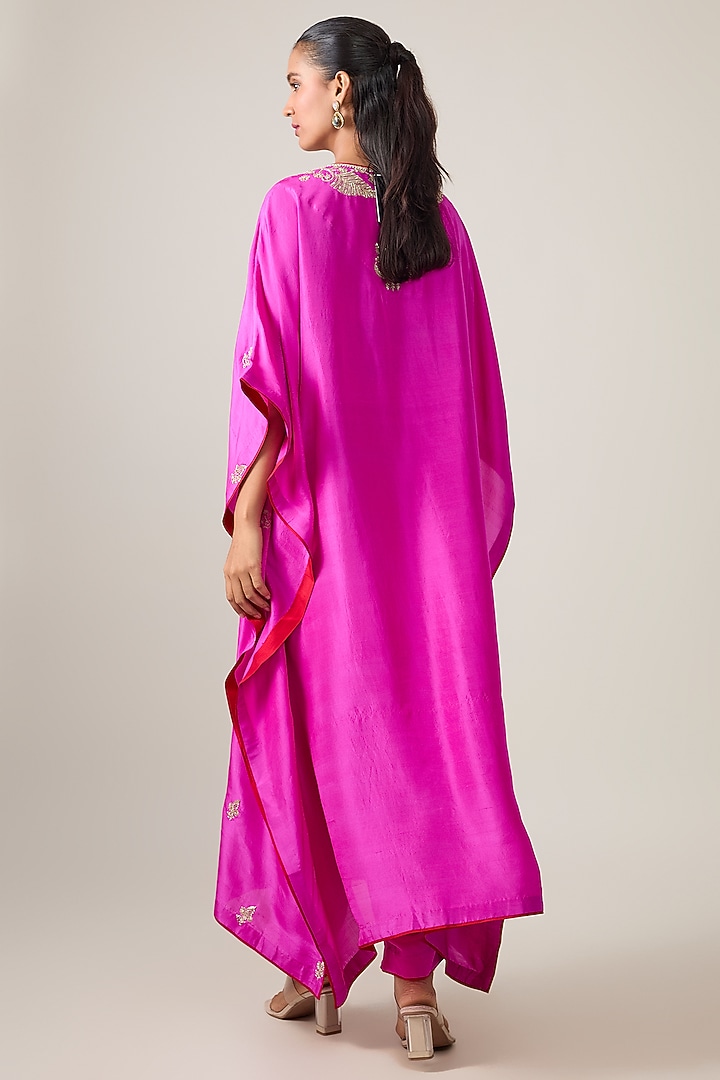 Hot Pink Dupion Silk Hand Embroidered Kaftan Set by Anushree Reddy at Pernia's Pop Up Shop