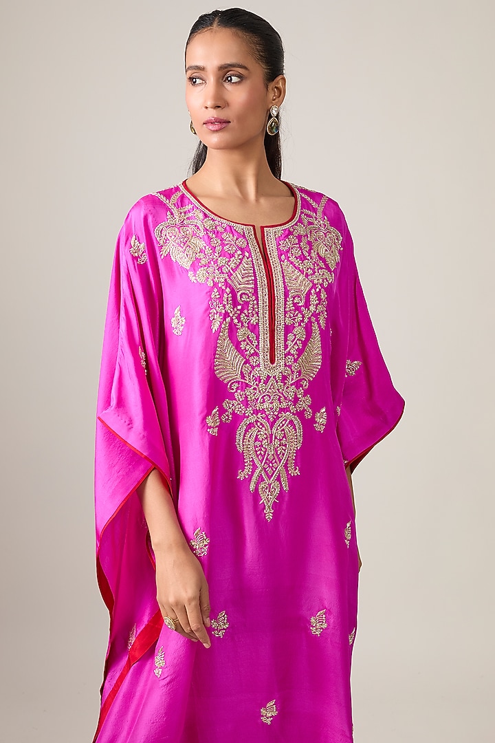 Hot Pink Dupion Silk Hand Embroidered Kaftan Set by Anushree Reddy at Pernia's Pop Up Shop