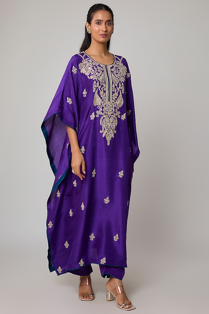 Purple Dupion Silk Hand Embroidered Kaftan Set by Anushree Reddy at Pernia's Pop Up Shop