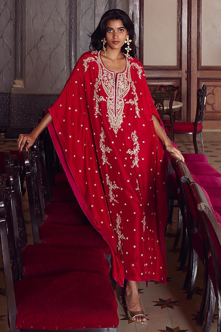Red Dupion Silk Embroidered Kaftan Set by Anushree Reddy at Pernia's Pop Up Shop