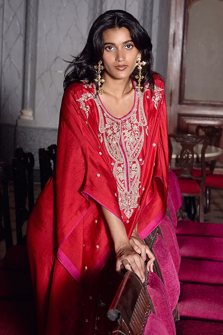 Red Dupion Silk Embroidered Kaftan Set by Anushree Reddy at Pernia's Pop Up Shop