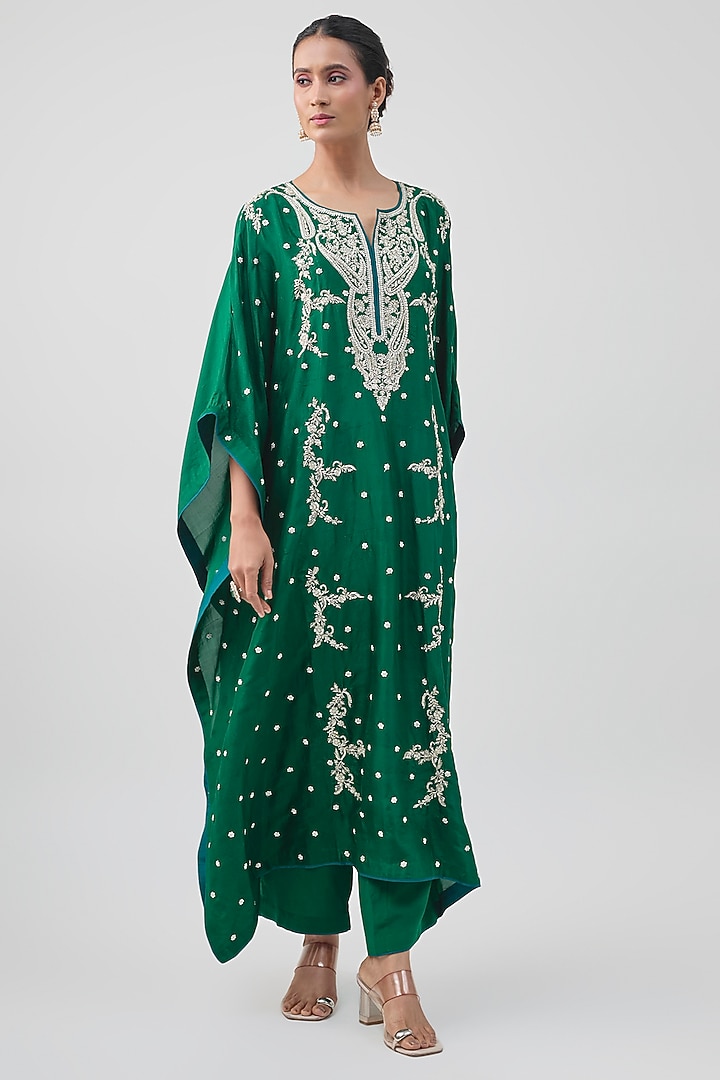 Emerald Green Dupion Silk Floral Zardosi Embroidered Kaftan Set by Anushree Reddy at Pernia's Pop Up Shop