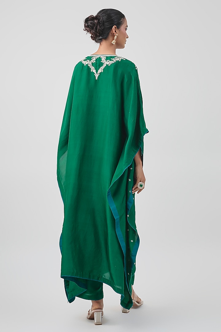 Emerald Green Dupion Silk Floral Zardosi Embroidered Kaftan Set by Anushree Reddy at Pernia's Pop Up Shop