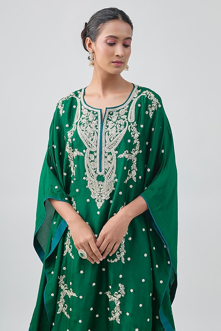 Emerald Green Dupion Silk Floral Zardosi Embroidered Kaftan Set by Anushree Reddy at Pernia's Pop Up Shop