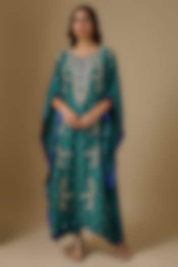 Teal Dupion Silk Hand Embroidered Kaftan Set by Anushree Reddy at Pernia's Pop Up Shop