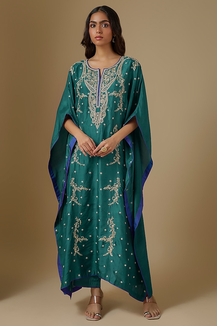 Teal Dupion Silk Hand Embroidered Kaftan Set by Anushree Reddy at Pernia's Pop Up Shop