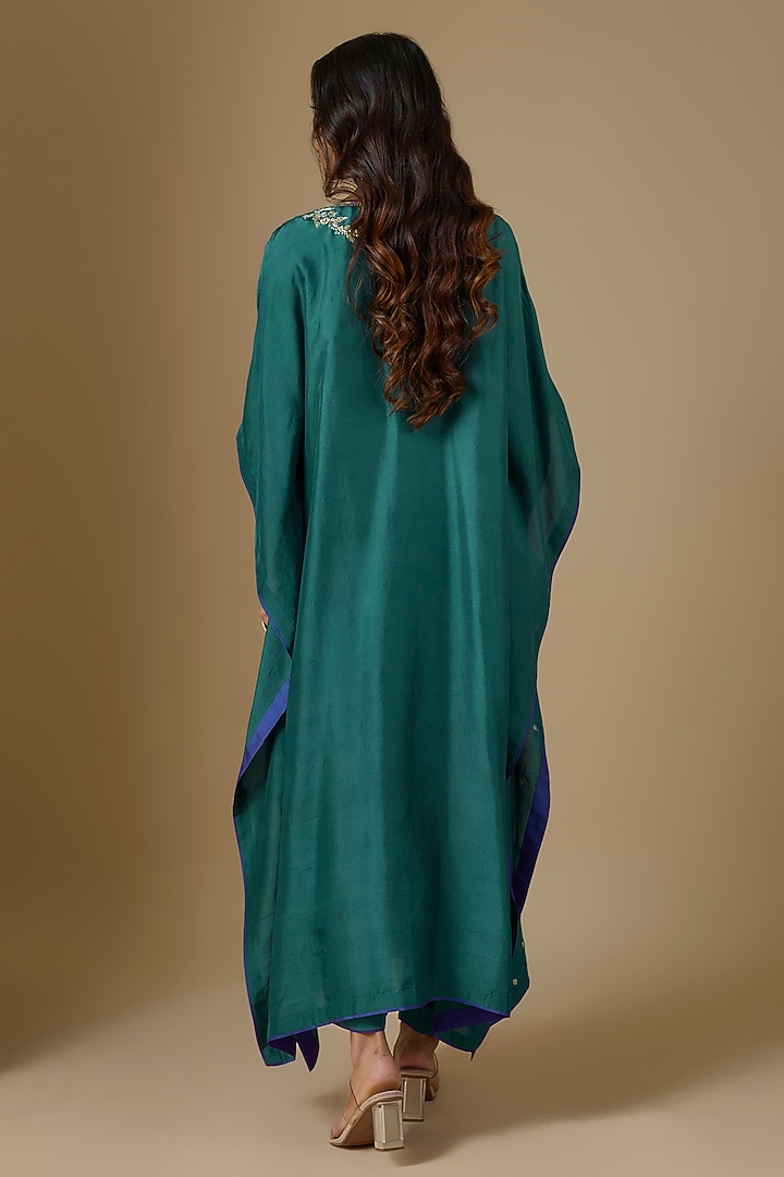 Teal Dupion Silk Hand Embroidered Kaftan Set by Anushree Reddy at Pernia's Pop Up Shop