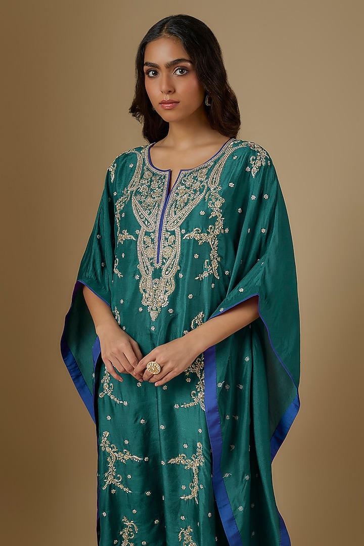 Teal Dupion Silk Hand Embroidered Kaftan Set by Anushree Reddy at Pernia's Pop Up Shop
