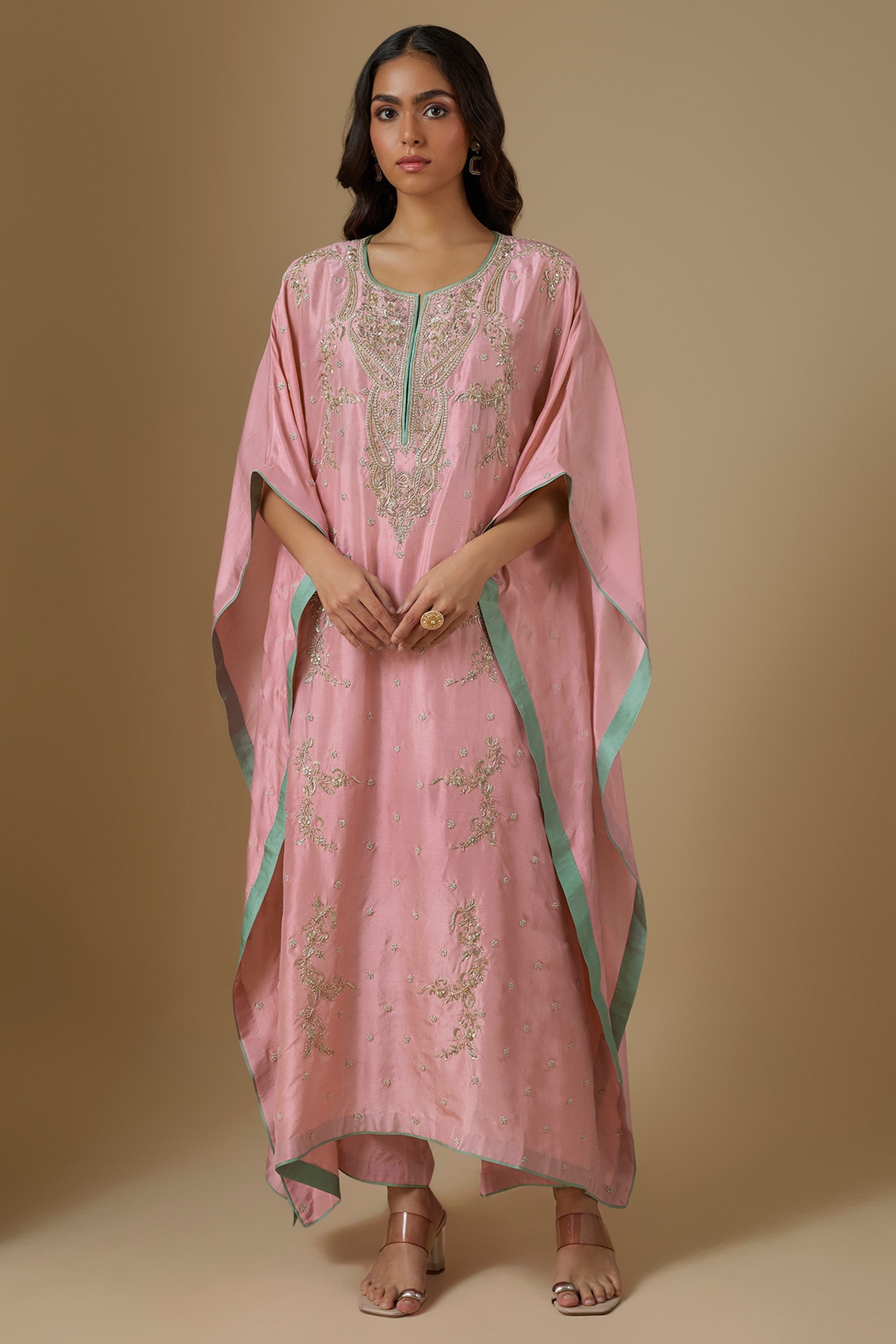 Anushree Reddy Blush Pink Dupion Silk Hand Embroidered Kaftan Set