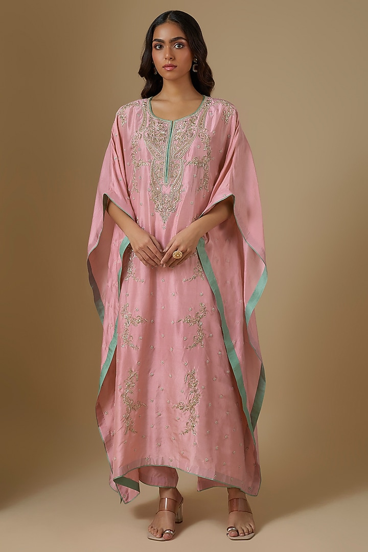 Blush Pink Dupion Silk Hand Embroidered Kaftan Set by Anushree Reddy at Pernia's Pop Up Shop
