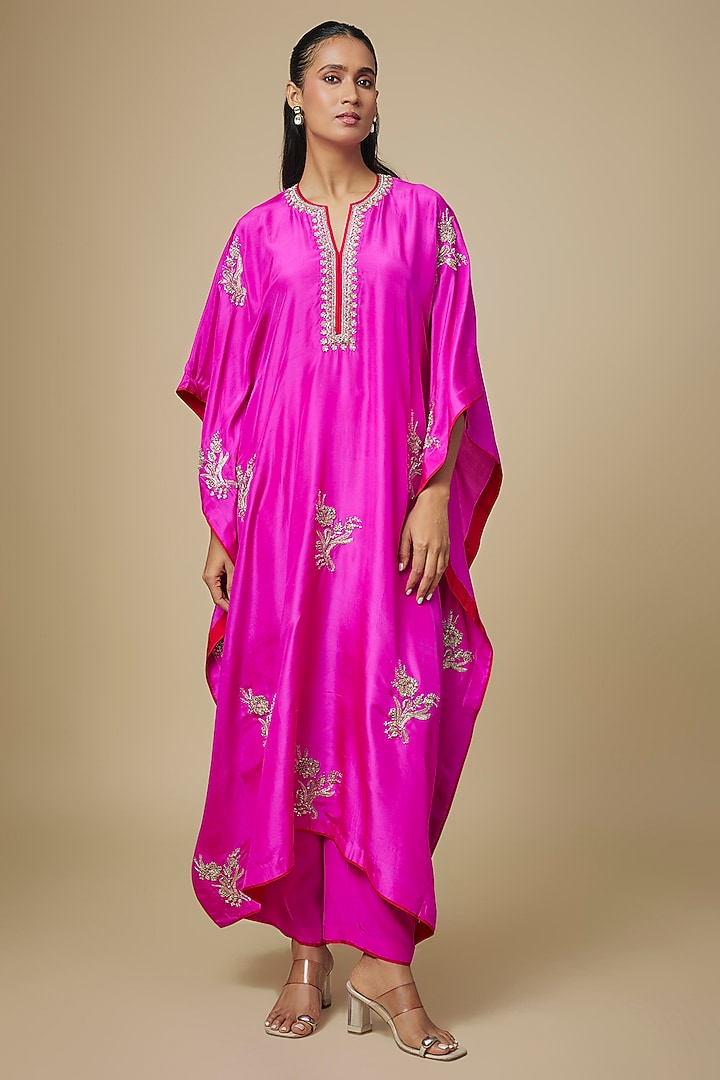 Hot Pink Dupion Silk Hand Embroidered Kaftan Set by Anushree Reddy at Pernia's Pop Up Shop