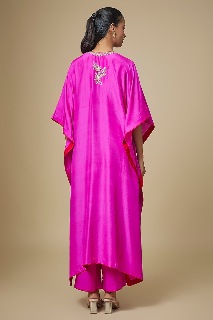 Hot Pink Dupion Silk Hand Embroidered Kaftan Set by Anushree Reddy at Pernia's Pop Up Shop