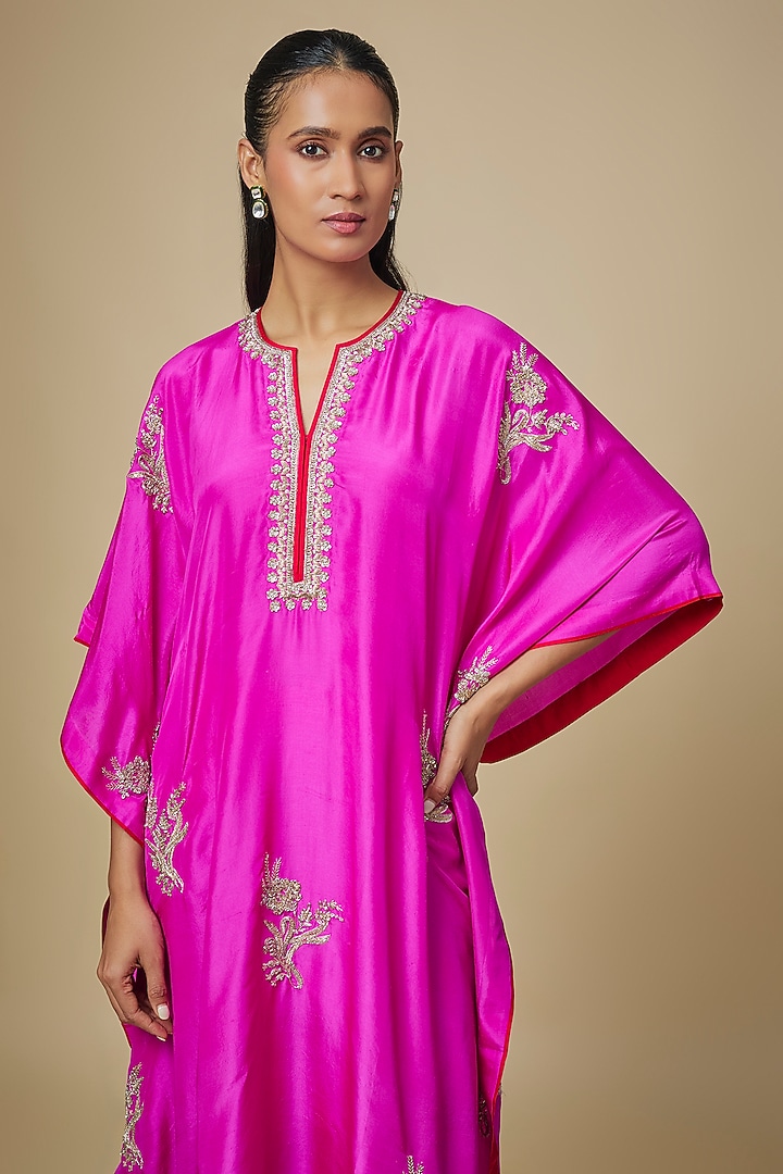 Hot Pink Dupion Silk Hand Embroidered Kaftan Set by Anushree Reddy at Pernia's Pop Up Shop