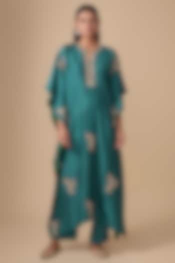 Teal Dupion Silk Boota Hand Embroidered Kaftan Set by Anushree Reddy at Pernia's Pop Up Shop