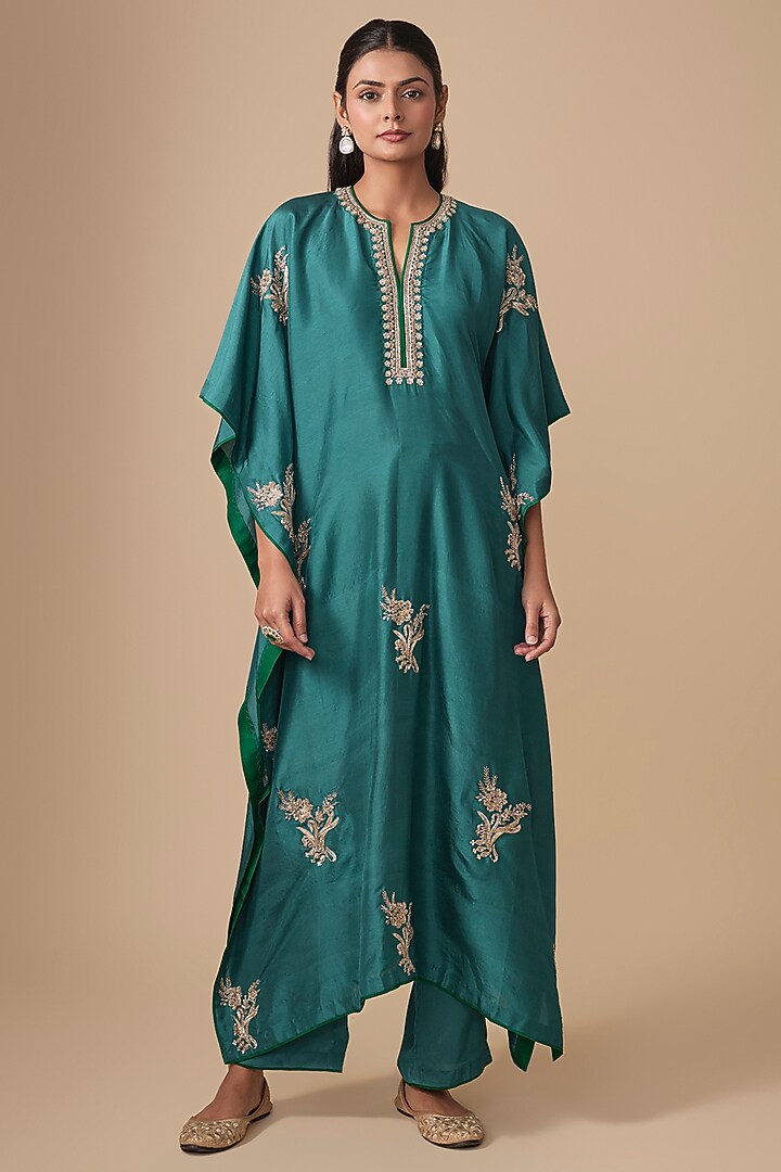 Teal Dupion Silk Boota Hand Embroidered Kaftan Set by Anushree Reddy at Pernia's Pop Up Shop