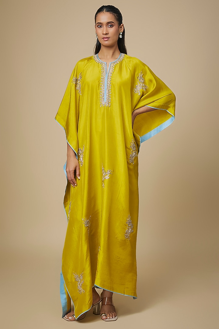 Lime Yellow Dupion Silk Hand Embroidered Kaftan Set by Anushree Reddy at Pernia's Pop Up Shop