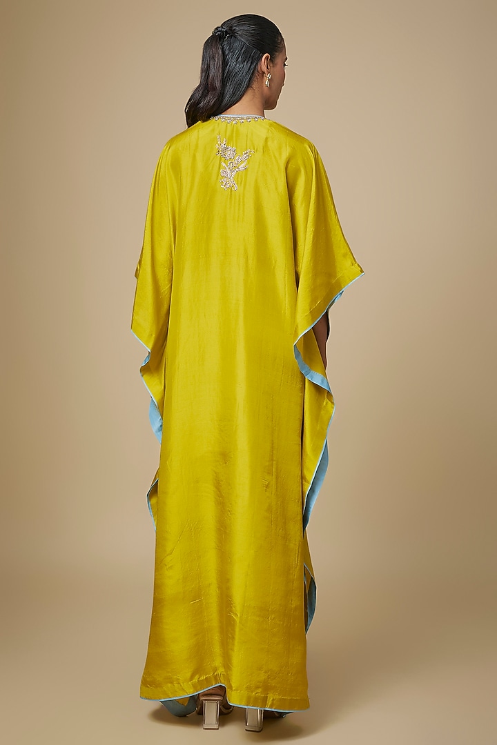 Lime Yellow Dupion Silk Hand Embroidered Kaftan Set by Anushree Reddy at Pernia's Pop Up Shop