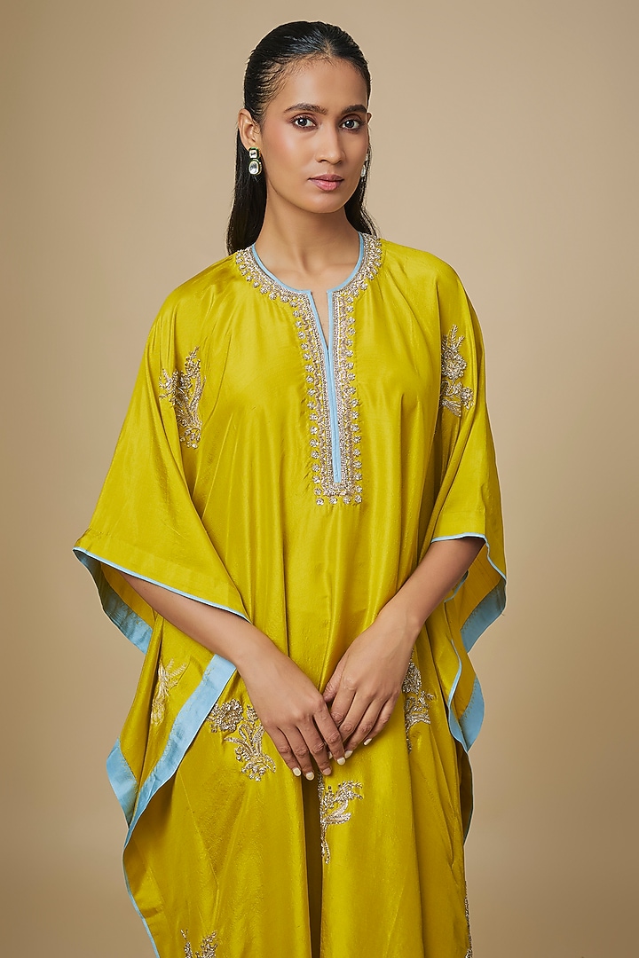 Lime Yellow Dupion Silk Hand Embroidered Kaftan Set by Anushree Reddy at Pernia's Pop Up Shop